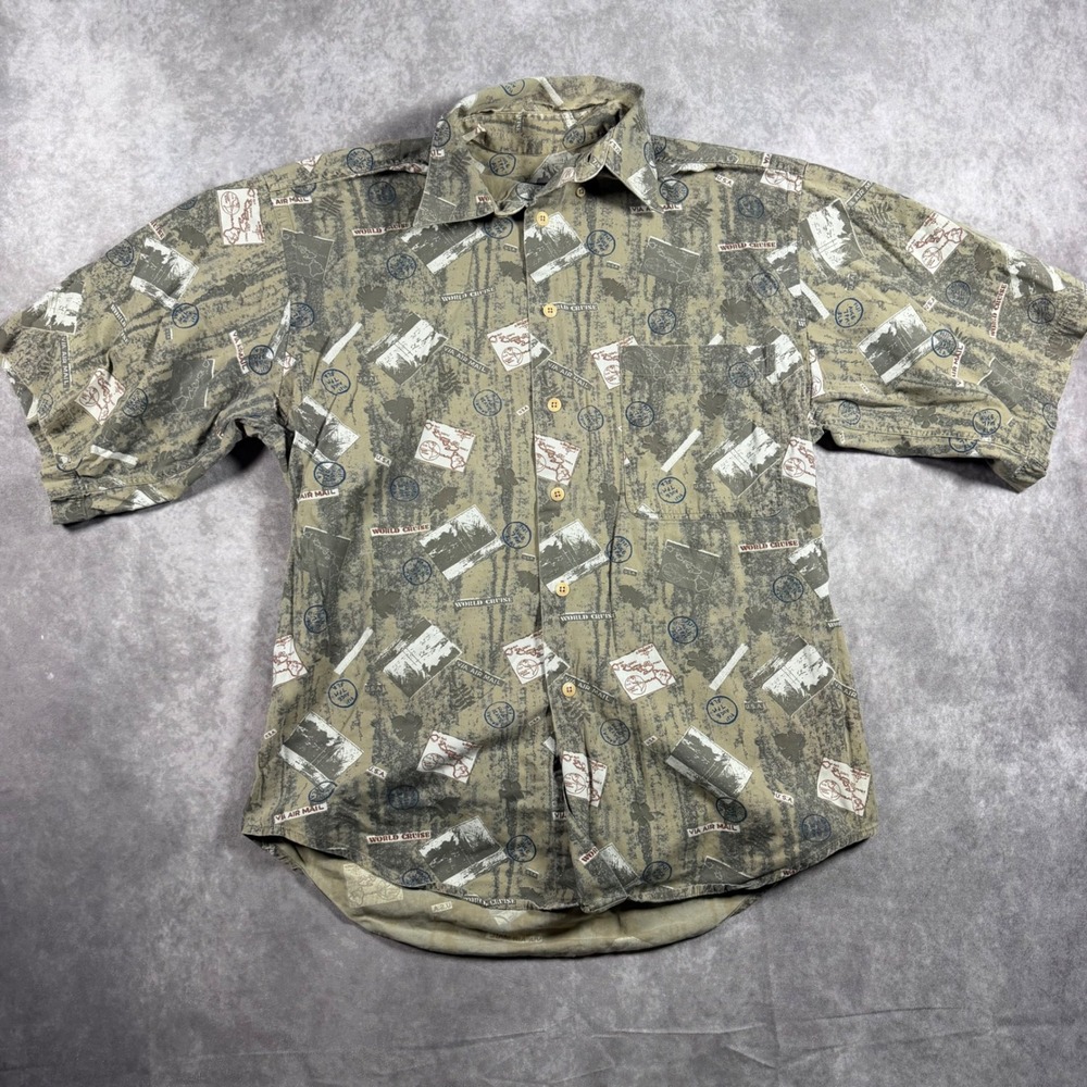 Vintage 90s Ruff Hewn Mens M World Cruise Air Mail Print Button Up Shirt Novelty